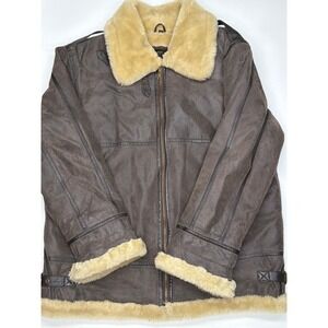 KOMITOR Mens Brown Leather Shearling Lined Aviator Buckle Bomber Jacket XL